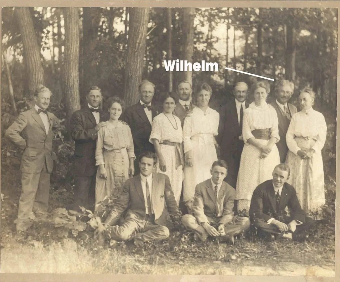 The Wilhelm family, gathered before the crossing — Wilhelm marked